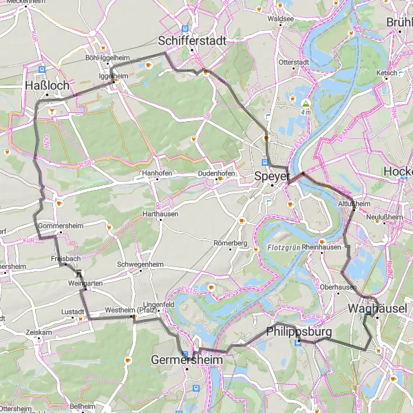 Karten-Miniaturansicht der Radinspiration "Straßenrundfahrt entlang des Rheins" in Karlsruhe, Germany. Erstellt vom Tarmacs.app-Routenplaner für Radtouren