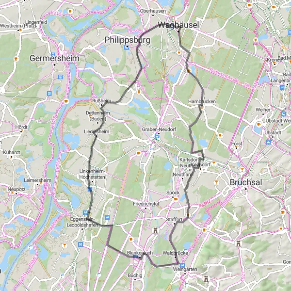 Map miniature of "Waghäusel Circuit" cycling inspiration in Karlsruhe, Germany. Generated by Tarmacs.app cycling route planner