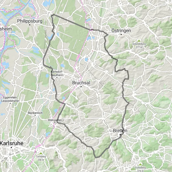 Map miniature of "The Bretten Loop" cycling inspiration in Karlsruhe, Germany. Generated by Tarmacs.app cycling route planner
