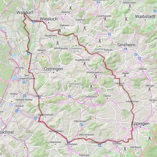 Map miniature of "The Gravel Adventure" cycling inspiration in Karlsruhe, Germany. Generated by Tarmacs.app cycling route planner