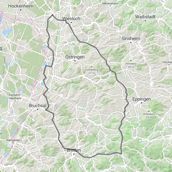 Map miniature of "The Gänsberg Loop" cycling inspiration in Karlsruhe, Germany. Generated by Tarmacs.app cycling route planner