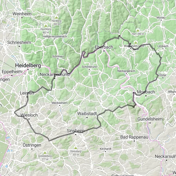 Map miniature of "The Leimen Challenge" cycling inspiration in Karlsruhe, Germany. Generated by Tarmacs.app cycling route planner