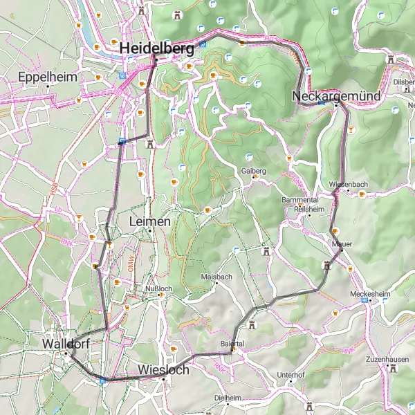 Map miniature of "Road to Neckargemünd" cycling inspiration in Karlsruhe, Germany. Generated by Tarmacs.app cycling route planner