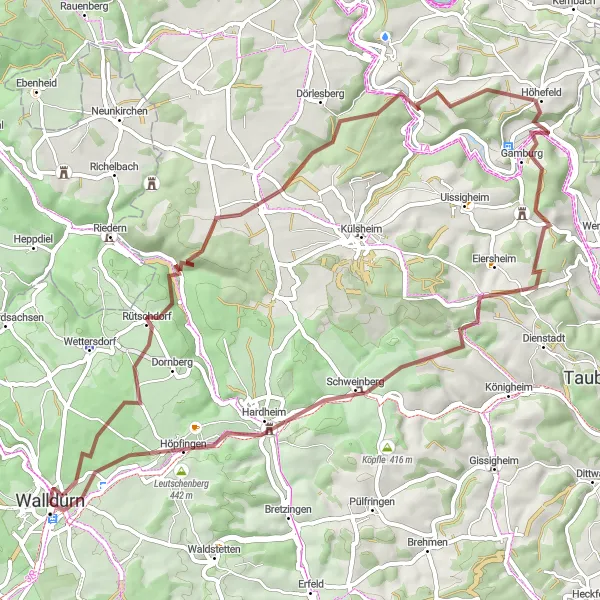 Map miniature of "Steinbach and Hardheim Gravel Adventure" cycling inspiration in Karlsruhe, Germany. Generated by Tarmacs.app cycling route planner