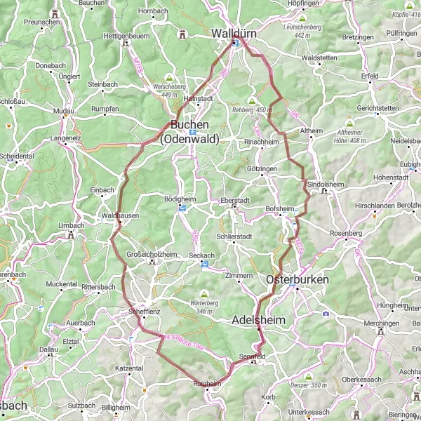 Map miniature of "Biotop Schmittshöhe and Mittelschefflenz Gravel Route" cycling inspiration in Karlsruhe, Germany. Generated by Tarmacs.app cycling route planner