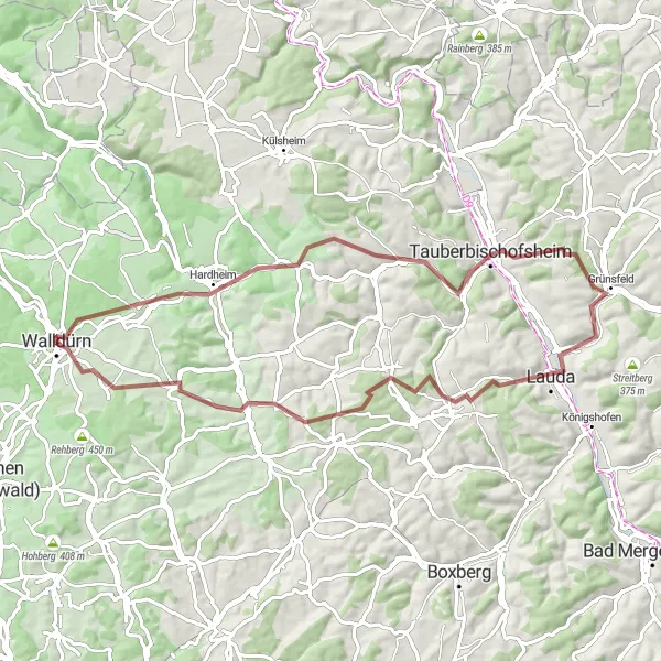 Map miniature of "Höpfingen and Grünsfeld" cycling inspiration in Karlsruhe, Germany. Generated by Tarmacs.app cycling route planner