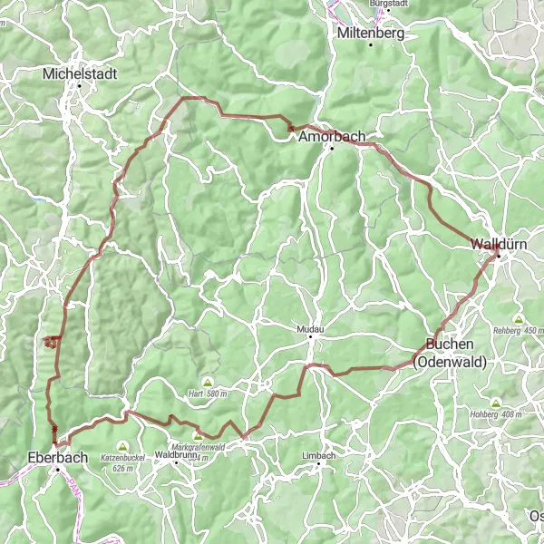 Map miniature of "Walldürn Gravel Challenge" cycling inspiration in Karlsruhe, Germany. Generated by Tarmacs.app cycling route planner