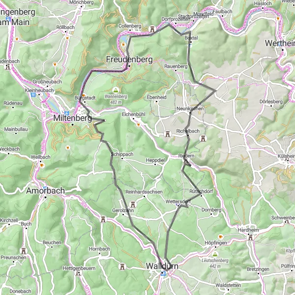 Map miniature of "Bürgstadt and Collenberg Road Cycling" cycling inspiration in Karlsruhe, Germany. Generated by Tarmacs.app cycling route planner