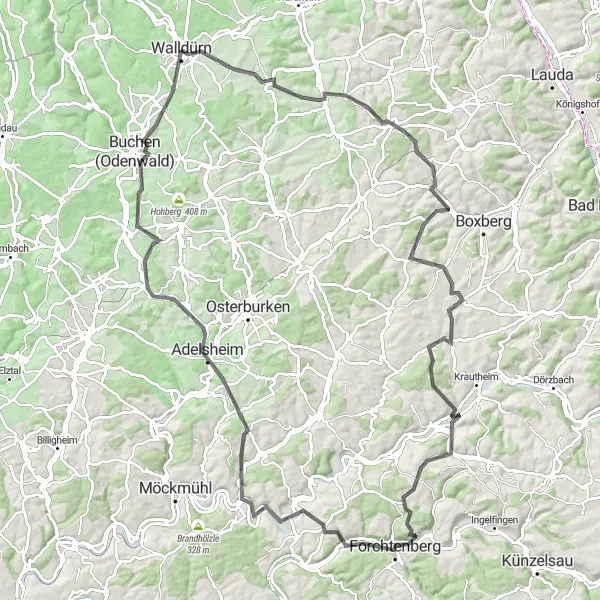 Map miniature of "The Odenwald Challenge" cycling inspiration in Karlsruhe, Germany. Generated by Tarmacs.app cycling route planner