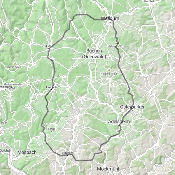 Map miniature of "The Enchanting Hohenlohe" cycling inspiration in Karlsruhe, Germany. Generated by Tarmacs.app cycling route planner