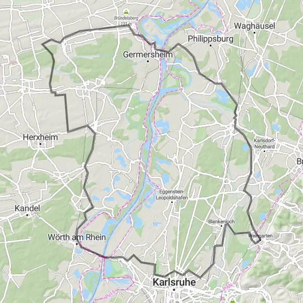 Karten-Miniaturansicht der Radinspiration "Rheinische Schönheit und Naturerlebnis" in Karlsruhe, Germany. Erstellt vom Tarmacs.app-Routenplaner für Radtouren