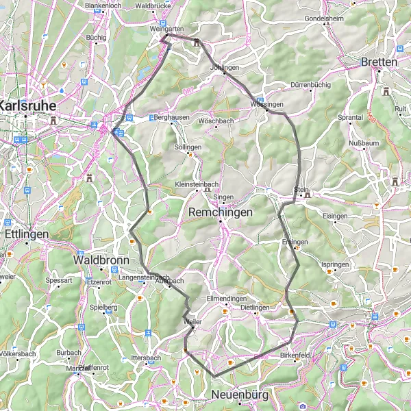 Karten-Miniaturansicht der Radinspiration "Hügeliges Straßenradfahren um Weingarten" in Karlsruhe, Germany. Erstellt vom Tarmacs.app-Routenplaner für Radtouren