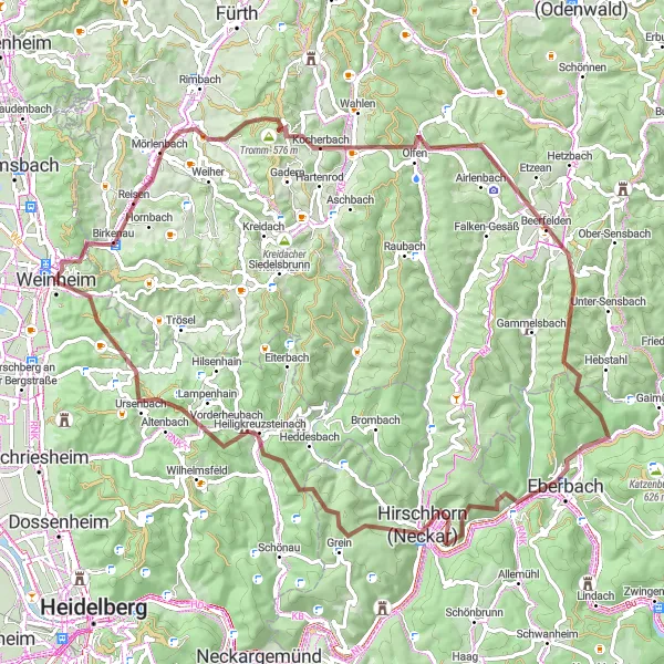 Map miniature of "Gravel Adventure: From Birkenau to Weinheim" cycling inspiration in Karlsruhe, Germany. Generated by Tarmacs.app cycling route planner