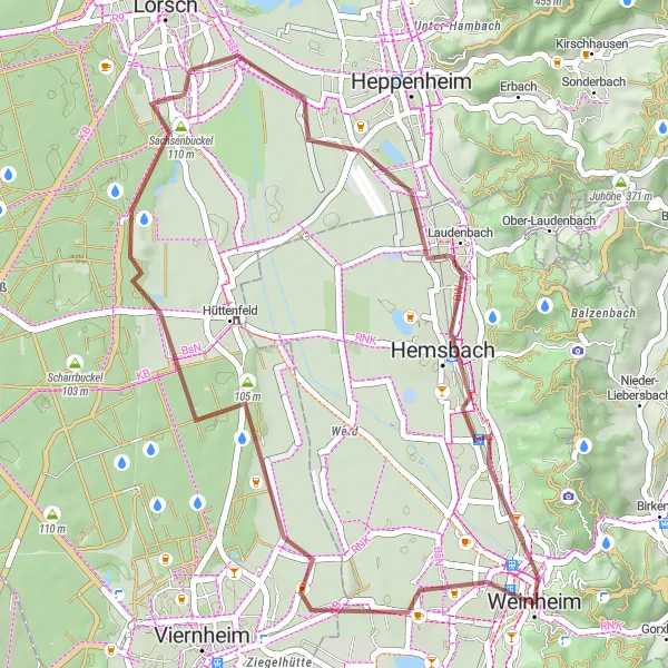 Map miniature of "Weinheim Castle Loop" cycling inspiration in Karlsruhe, Germany. Generated by Tarmacs.app cycling route planner