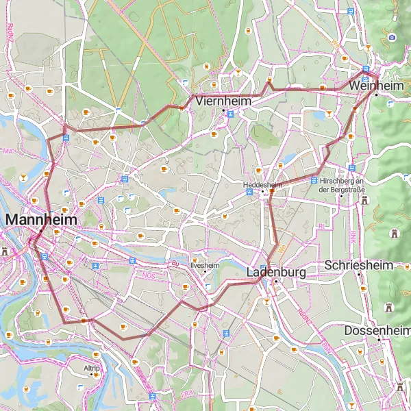 Map miniature of "Ladenburg Adventure" cycling inspiration in Karlsruhe, Germany. Generated by Tarmacs.app cycling route planner