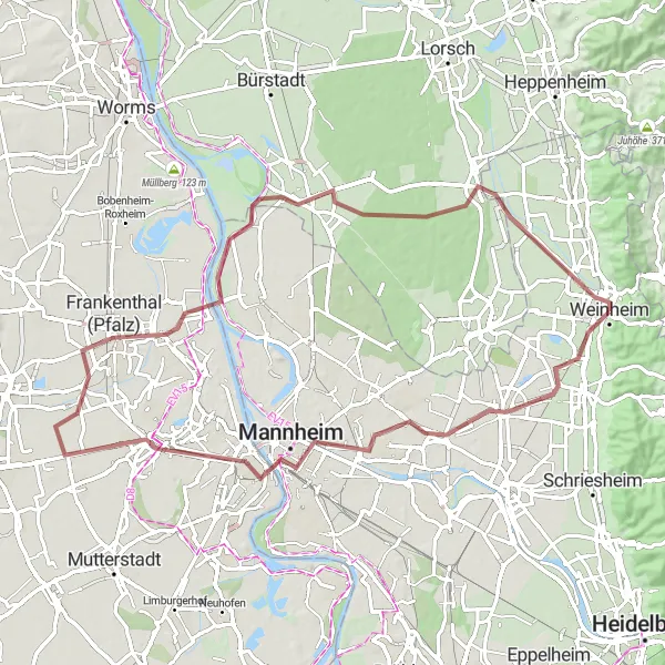 Map miniature of "Exploring Rhein-Neckar Gravel Ride" cycling inspiration in Karlsruhe, Germany. Generated by Tarmacs.app cycling route planner