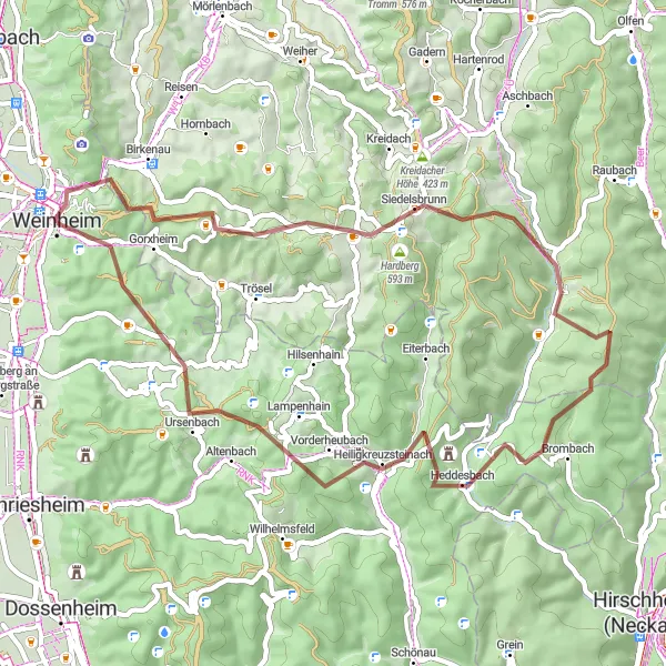 Karten-Miniaturansicht der Radinspiration "Auf den Spuren der Burgen und Berge" in Karlsruhe, Germany. Erstellt vom Tarmacs.app-Routenplaner für Radtouren