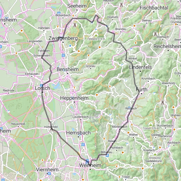 Map miniature of "The Sachsenbuckel and Lorsch Abbey Loop" cycling inspiration in Karlsruhe, Germany. Generated by Tarmacs.app cycling route planner