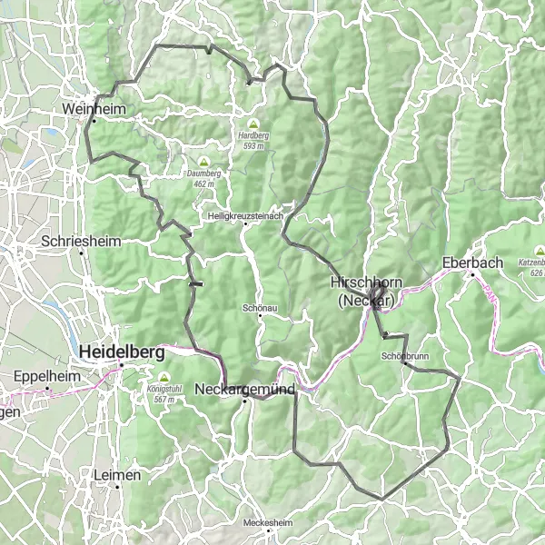 Map miniature of "Heidelberg Hills Loop" cycling inspiration in Karlsruhe, Germany. Generated by Tarmacs.app cycling route planner
