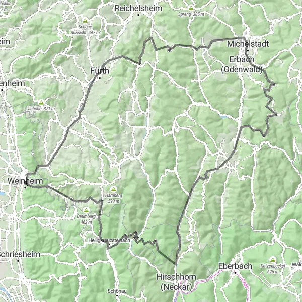 Karten-Miniaturansicht der Radinspiration "Herausfordernde Odenwald-Tour" in Karlsruhe, Germany. Erstellt vom Tarmacs.app-Routenplaner für Radtouren