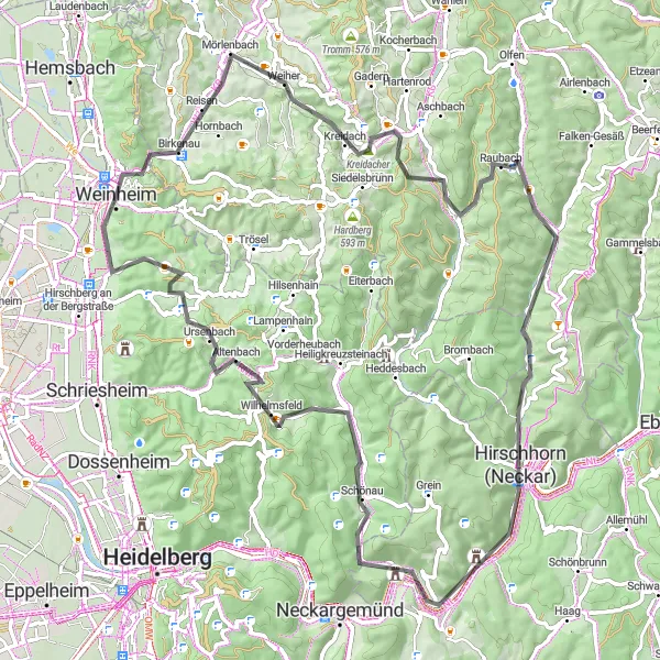 Karten-Miniaturansicht der Radinspiration "Hügeliges Weinheim und Umgebung" in Karlsruhe, Germany. Erstellt vom Tarmacs.app-Routenplaner für Radtouren