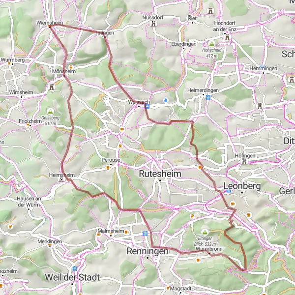 Karten-Miniaturansicht der Radinspiration "Gravel-Tour von Iptingen nach Mönsheim" in Karlsruhe, Germany. Erstellt vom Tarmacs.app-Routenplaner für Radtouren
