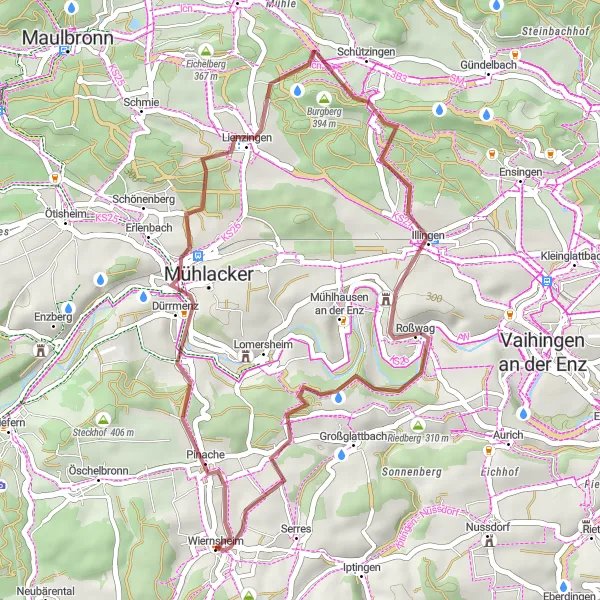 Karten-Miniaturansicht der Radinspiration "Gravel-Tour durch Pinache, Burgberg und Illingen" in Karlsruhe, Germany. Erstellt vom Tarmacs.app-Routenplaner für Radtouren