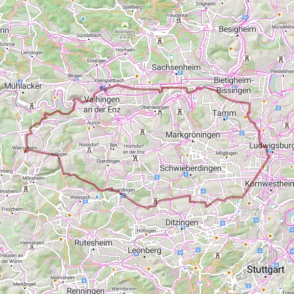 Karten-Miniaturansicht der Radinspiration "Gravel-Abenteuer von Wiernsheim zur Wiernsheimer Höhe" in Karlsruhe, Germany. Erstellt vom Tarmacs.app-Routenplaner für Radtouren