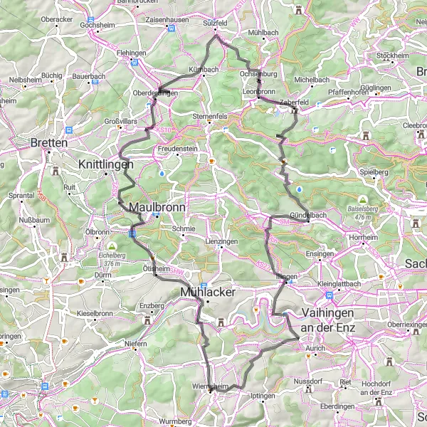 Map miniature of "Wiernsheim Wasserscheide Enz/Saalbach Loop" cycling inspiration in Karlsruhe, Germany. Generated by Tarmacs.app cycling route planner