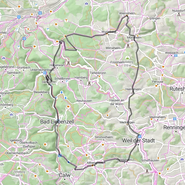 Map miniature of "Wiernsheim Mönsheim Loop" cycling inspiration in Karlsruhe, Germany. Generated by Tarmacs.app cycling route planner
