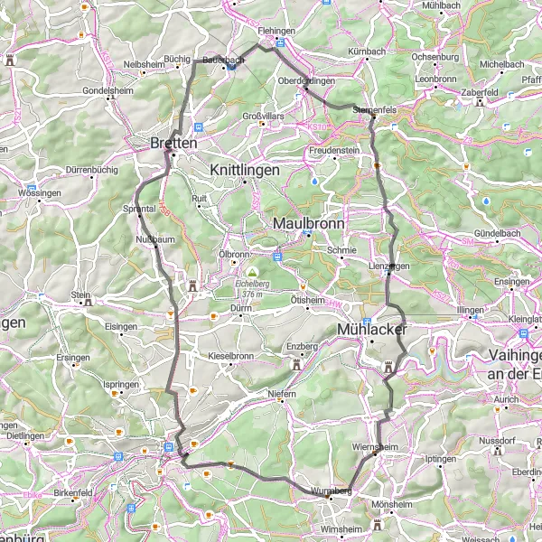 Map miniature of "Wiernsheim Exploration" cycling inspiration in Karlsruhe, Germany. Generated by Tarmacs.app cycling route planner