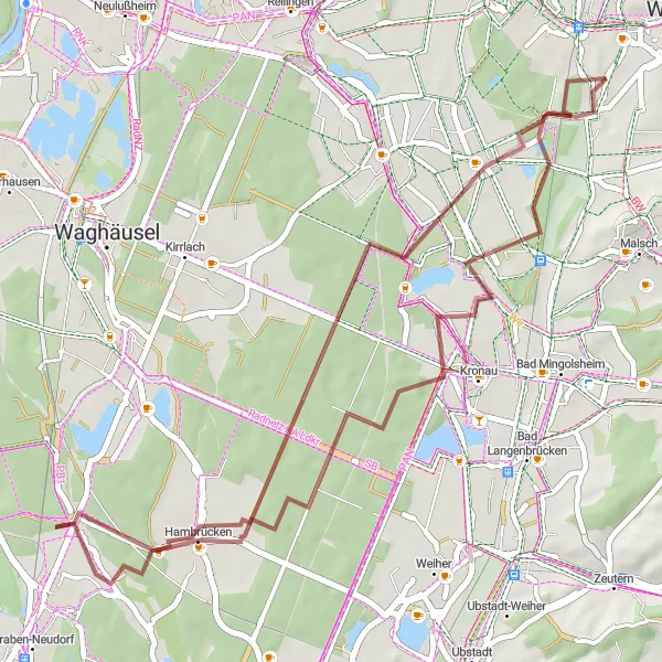 Karten-Miniaturansicht der Radinspiration "Frauenweiler und Hambrücken Naturrunde" in Karlsruhe, Germany. Erstellt vom Tarmacs.app-Routenplaner für Radtouren