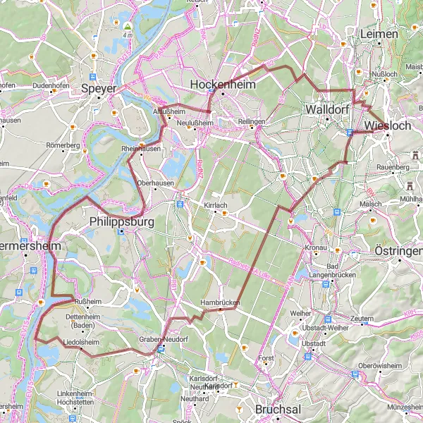 Karten-Miniaturansicht der Radinspiration "Rheinbalkon und Hockenheim Rundweg" in Karlsruhe, Germany. Erstellt vom Tarmacs.app-Routenplaner für Radtouren