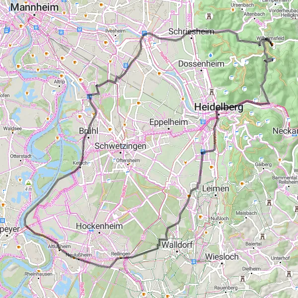Map miniature of "Wilhelmsfeld Loop" cycling inspiration in Karlsruhe, Germany. Generated by Tarmacs.app cycling route planner