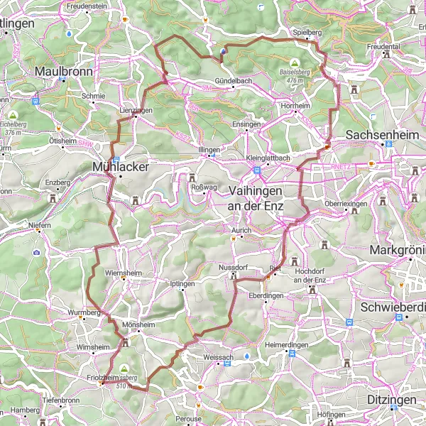 Map miniature of "Friolzheim to Dreieichen Gravel Cycling Route" cycling inspiration in Karlsruhe, Germany. Generated by Tarmacs.app cycling route planner