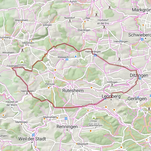 Map miniature of "Friolzheim to Heimsheim Gravel Cycling Route" cycling inspiration in Karlsruhe, Germany. Generated by Tarmacs.app cycling route planner