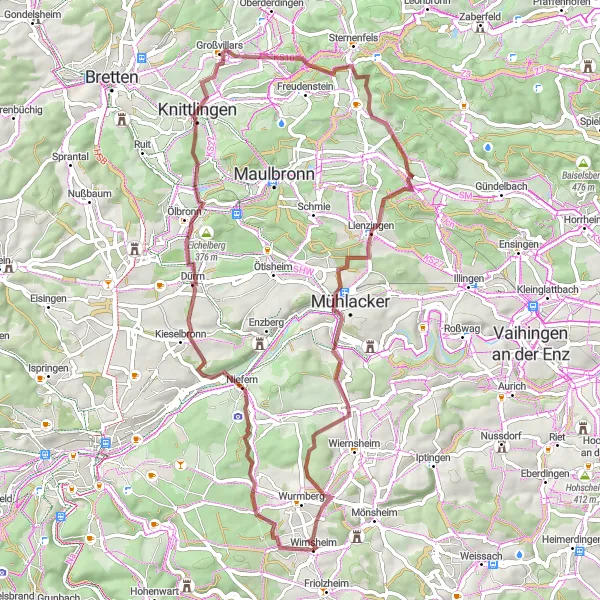 Map miniature of "Gravel Adventure Through Picturesque Landscapes" cycling inspiration in Karlsruhe, Germany. Generated by Tarmacs.app cycling route planner