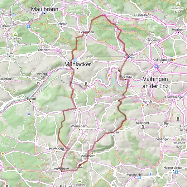 Map miniature of "Exploring Gravel Paths and Castles" cycling inspiration in Karlsruhe, Germany. Generated by Tarmacs.app cycling route planner