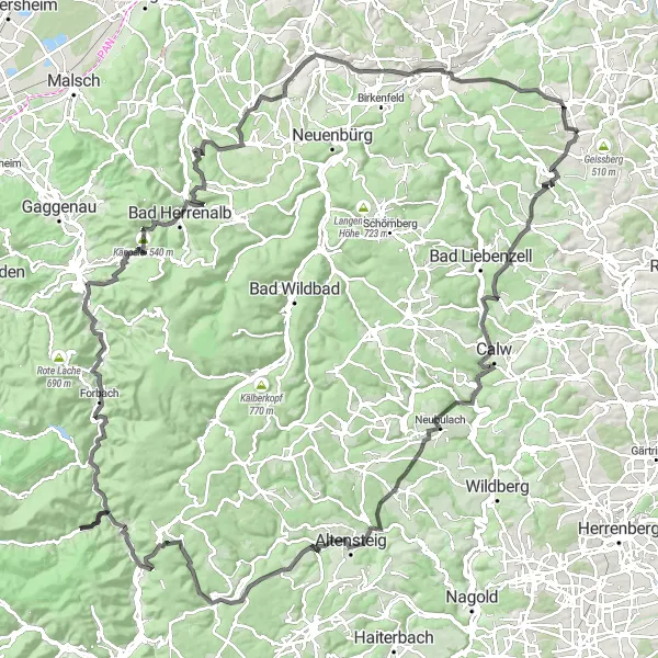 Map miniature of "Challenging Tour through Distinctive Landscapes" cycling inspiration in Karlsruhe, Germany. Generated by Tarmacs.app cycling route planner