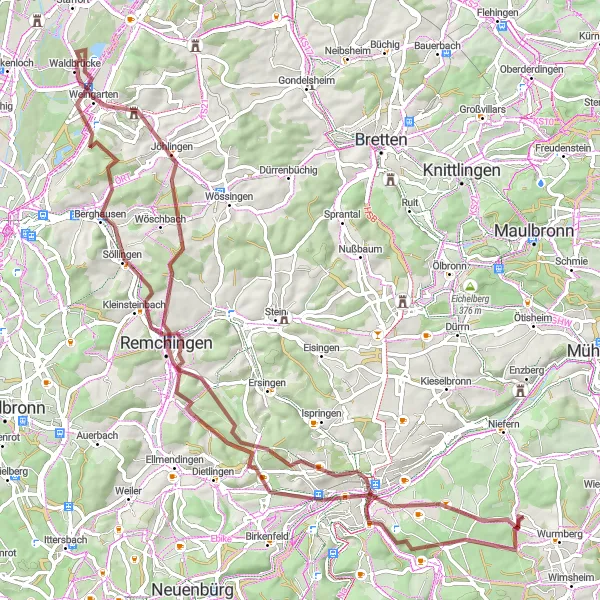 Karten-Miniaturansicht der Radinspiration "Gravel-Tour von Pforzheim nach Pforzheim" in Karlsruhe, Germany. Erstellt vom Tarmacs.app-Routenplaner für Radtouren