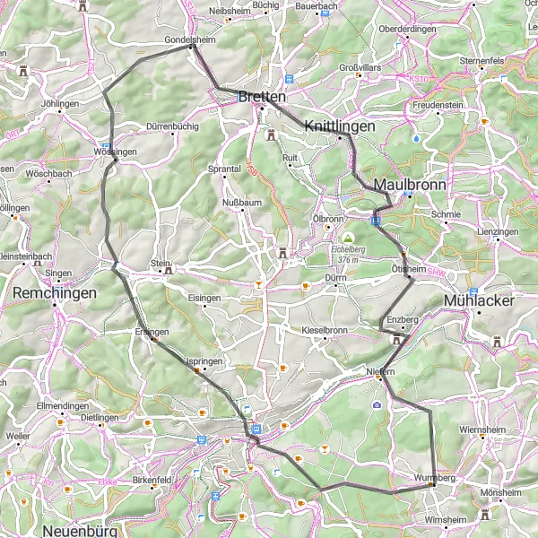 Karten-Miniaturansicht der Radinspiration "Rundtour von Wurmberg nach Bretten" in Karlsruhe, Germany. Erstellt vom Tarmacs.app-Routenplaner für Radtouren