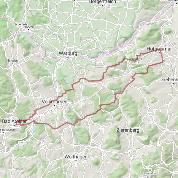 Map miniature of "Arolsen Gravel Adventure" cycling inspiration in Kassel, Germany. Generated by Tarmacs.app cycling route planner