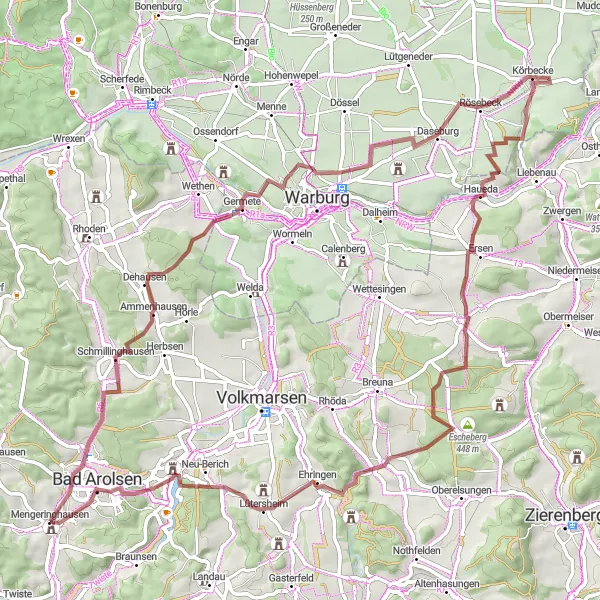 Map miniature of "Exploring the Countryside" cycling inspiration in Kassel, Germany. Generated by Tarmacs.app cycling route planner