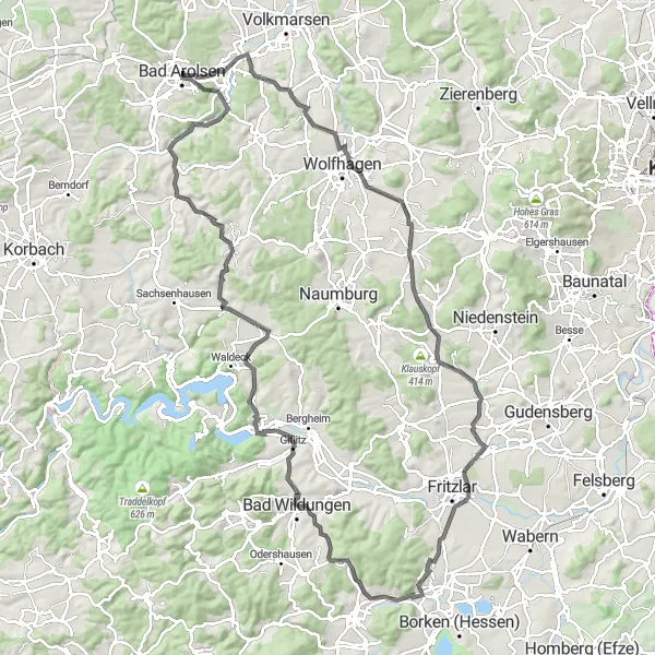 Map miniature of "The Ultimate Bad Arolsen Challenge" cycling inspiration in Kassel, Germany. Generated by Tarmacs.app cycling route planner