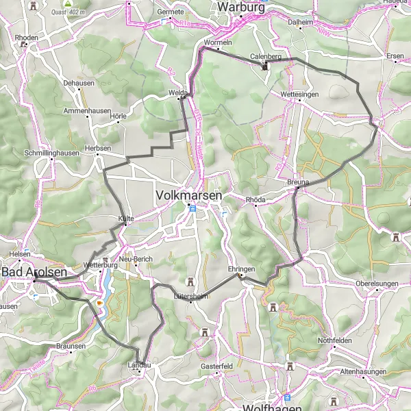 Map miniature of "Roads of Bad Arolsen" cycling inspiration in Kassel, Germany. Generated by Tarmacs.app cycling route planner