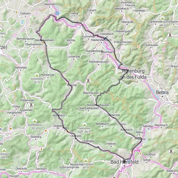 Map miniature of "Scenic Valleys Loop" cycling inspiration in Kassel, Germany. Generated by Tarmacs.app cycling route planner