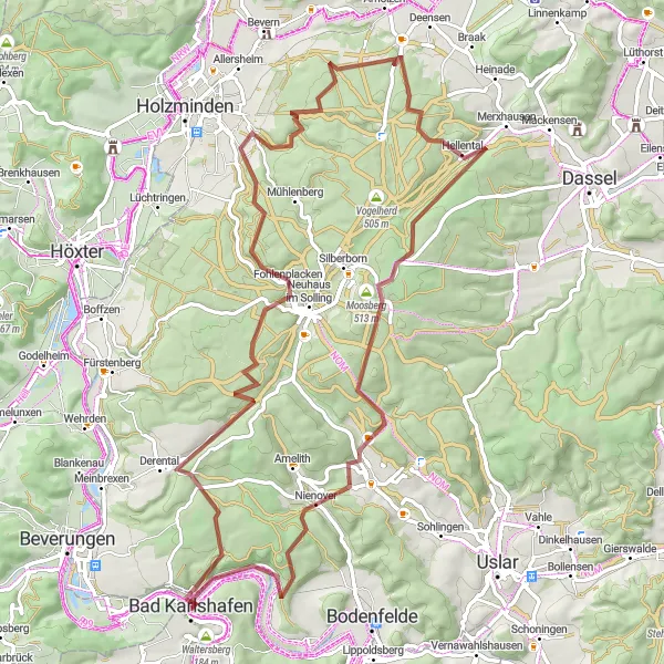 Map miniature of "Challenging Gravel: Summit Quests" cycling inspiration in Kassel, Germany. Generated by Tarmacs.app cycling route planner