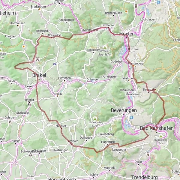 Karten-Miniaturansicht der Radinspiration "Tour zu den Hugenottenturm und Derental" in Kassel, Germany. Erstellt vom Tarmacs.app-Routenplaner für Radtouren