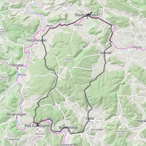 Map miniature of "Challenge Yourself with Hill Climbs" cycling inspiration in Kassel, Germany. Generated by Tarmacs.app cycling route planner