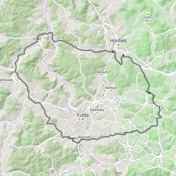 Karten-Miniaturansicht der Radinspiration "Panoramafahrt durch Bad Salzschlirf" in Kassel, Germany. Erstellt vom Tarmacs.app-Routenplaner für Radtouren